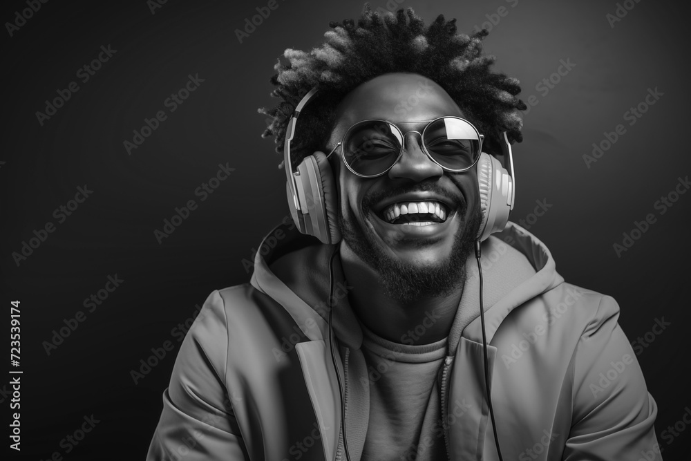 Fototapeta premium smiling black guy with headphone and wearing sunglasses in the studio, black and white image