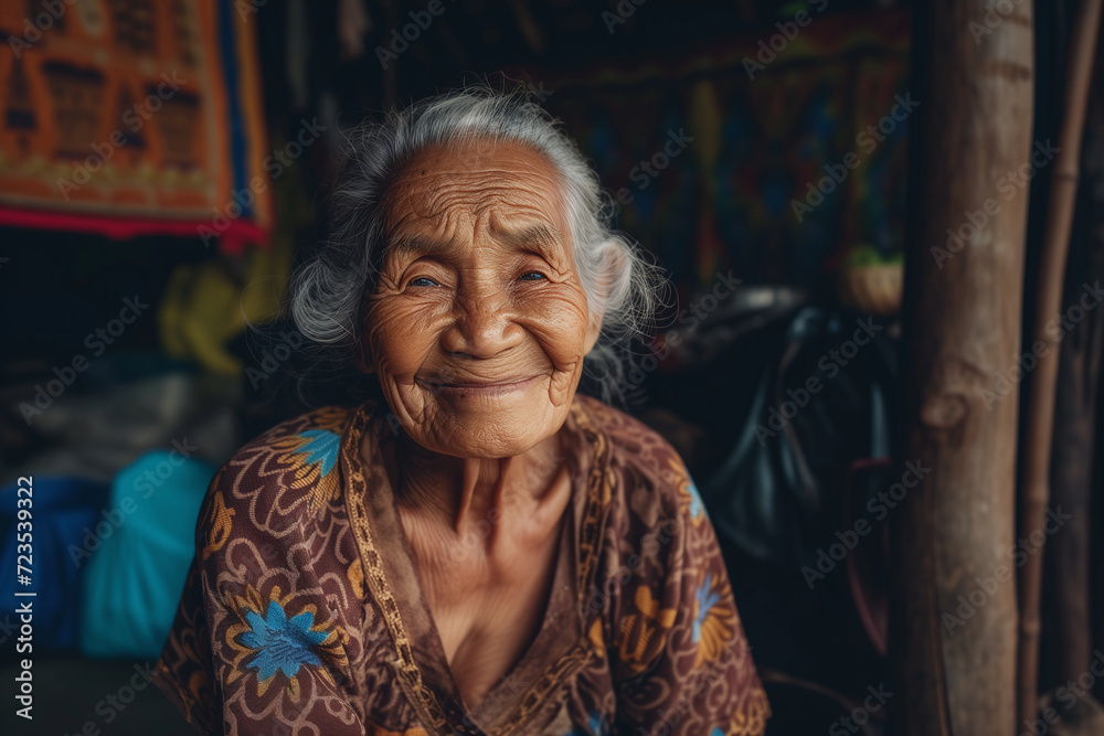 An elderly lady from the countryside smiling.