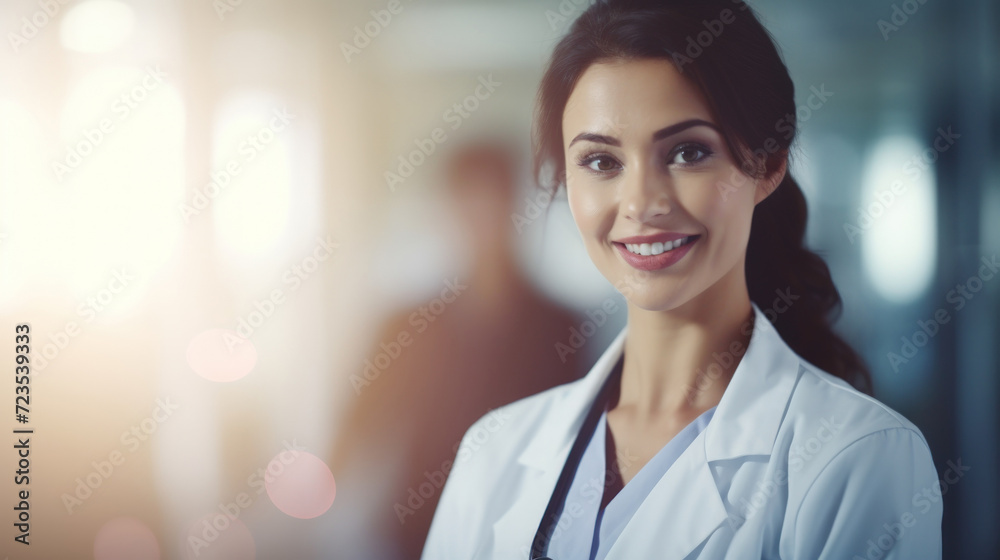 Smiling doctor woman on blur hospital abstract background. Generative ai. Smiling doctor woman on blur hospital abstract background. Generative ai.