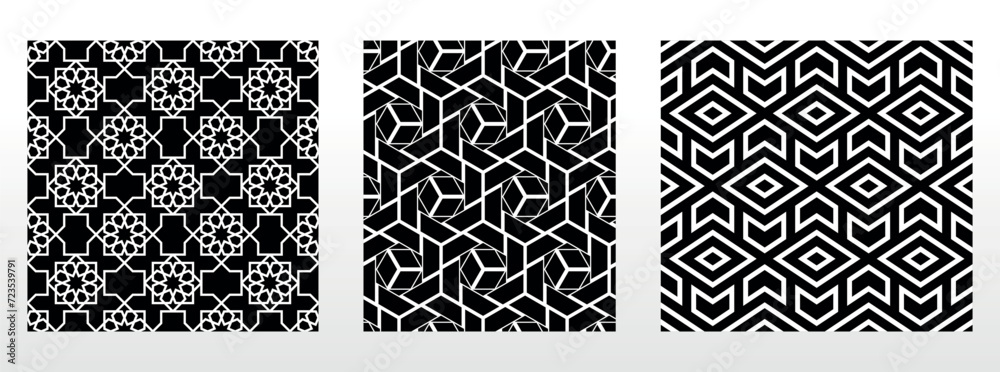 Geometric set of seamless black and white patterns. Simple vector graphics