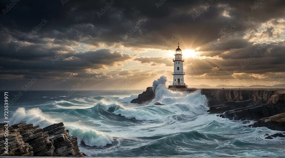 lighthouse on the beach at morning - obrazy, fototapety, plakaty 