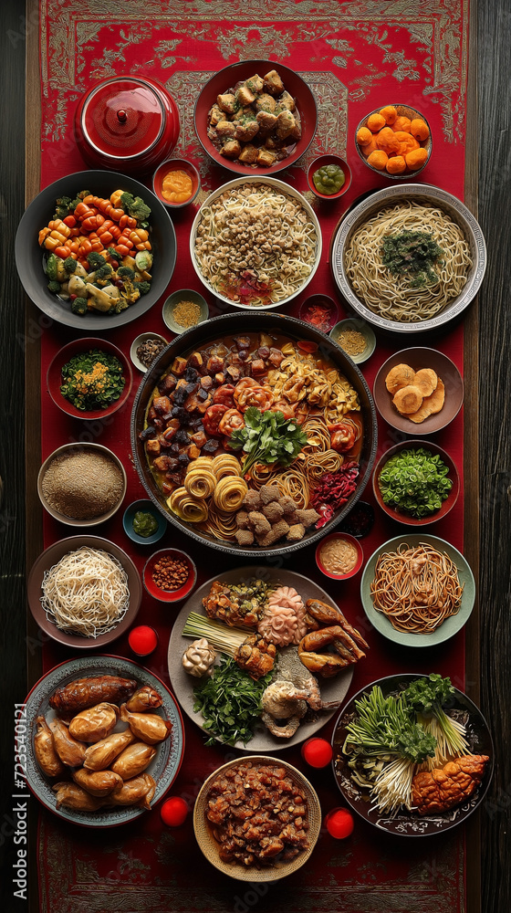 Top View a table laid out with different types of chinese food, dishes, noodles and fruits