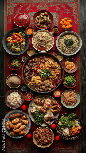 Top View a table laid out with different types of chinese food  dishes  noodles and fruits