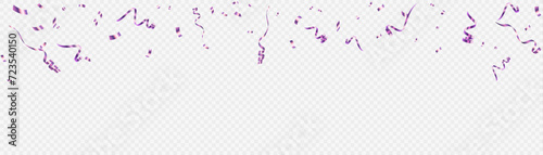 Confetti on a transparent background. Falling shiny purple confetti. Bright golden holiday tinsel. Holiday design elements for web banner, poster, flyer, invitation. Vector