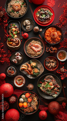 Top View a table laid out with different types of chinese food, dishes, noodles and fruits © khozainuz