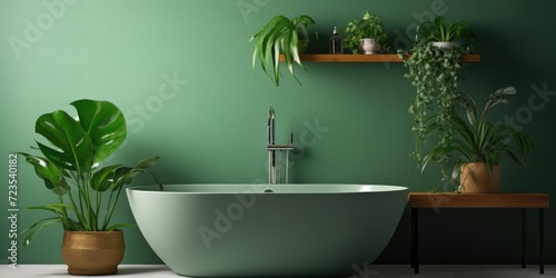 Modern bathtub, sink, and houseplants in a green-walled bathroom.