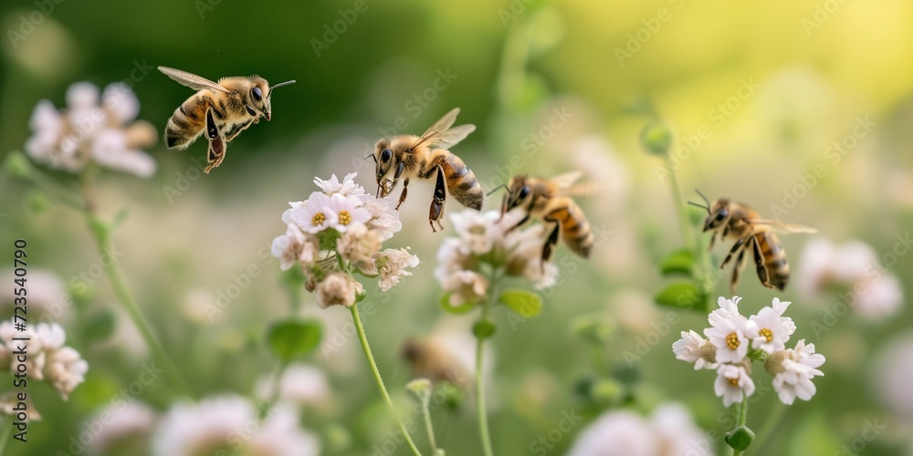 Bees actively pollinating and aiding in the growth of plants. Bees are depicted buzzing around colorful flowers, collecting pollen and nectar Bees actively pollinating and aiding in the growth of plants. Bees are depicted buzzing around colorful flowers, collecting pollen and nectar