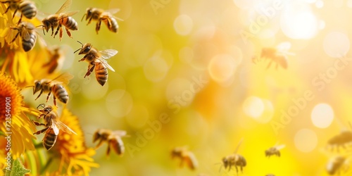 Bees actively pollinating and aiding in the growth of plants. Bees are depicted buzzing around colorful flowers, collecting pollen and nectar photo