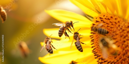 Bees actively pollinating and aiding in the growth of plants. Bees are depicted buzzing around colorful flowers, collecting pollen and nectar photo