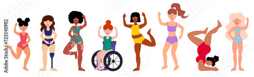 Body positive concept. Women of different ages, skin colors, ethnic groups, body types. Disability, vitiligo, prosthesis. Girls in swimsuits standing together. Cartoon flat vector illustration.
