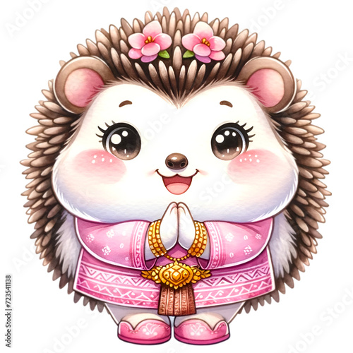 Hegehog watercolor animal wearing pink outfit make Sawadee gesture to express respect or greetings.  photo