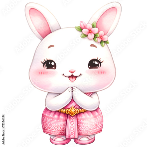 Rabbit watercolor animal wearing pink outfit make Sawadee gesture to express respect or greetings.  photo