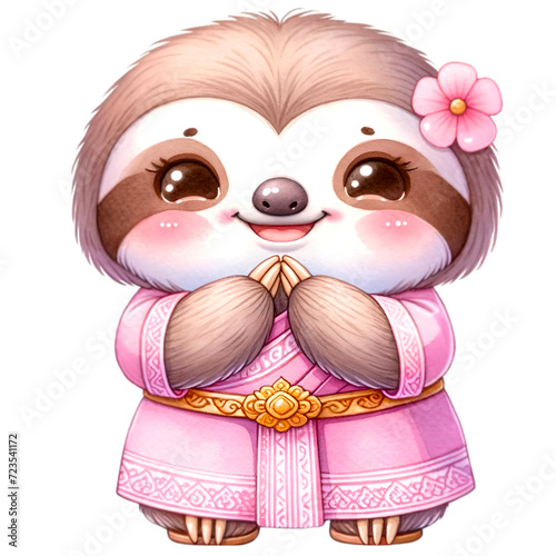 Sloth watercolor animal wearing pink outfit make Sawadee gesture to express respect or greetings.  photo