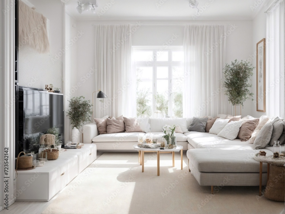 Fototapeta premium Frame mockup, ISO A paper size. Living room wall poster mockup. Interior mockup with house background. Modern interior design. 3D render 