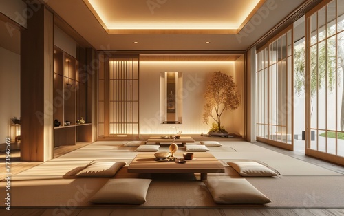 Japanese Zen-inspired tea room that embodies a modern fashion aesthetic, seamlessly merging the tranquility of Zen with the elegance of light luxury. © Nattadesh