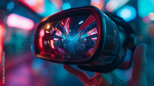 Close-up of a hand holding a futuristic VR headset, with a glimpse of a vibrant virtual world reflected in the lens.