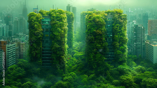 Aerial view of a modern city at sunset eco friendly green city with trees and plants