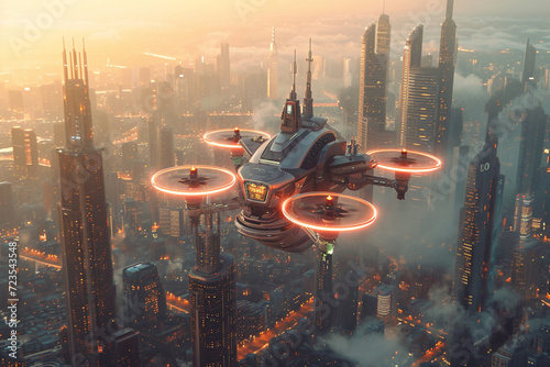 Autonomous Drone Navigating Through a Futuristic City at Dusk