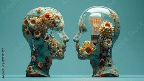 Two human heads with lightbulbs and gears on blue background photo