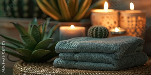 A serene spa setting with folded towels, candles, and leaves set against a dark backdrop, inviting calm and relaxation.