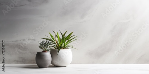 Abstract white table with a marble background and gray gradient pattern, set in a minimalist studio room with a concrete wall, light, and plants. It serves as a product display template.