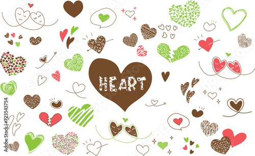 黄緑とピンクと茶色の手描きのハート集