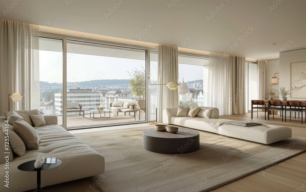 Obraz premium Modern living room flooded with soft, springtime light, where large windows open to a picturesque.