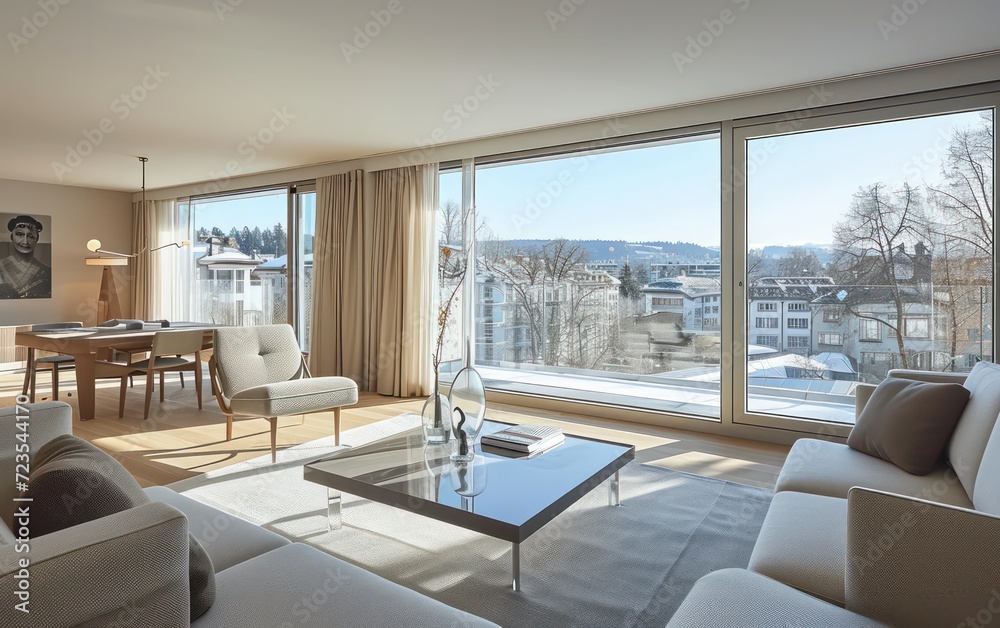 Fototapeta premium Modern living room flooded with soft, springtime light, where large windows open to a picturesque.