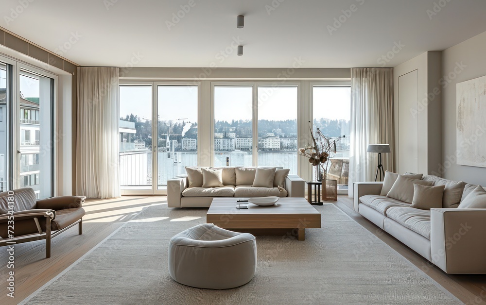 Modern living room flooded with soft, springtime light, where large windows open to a picturesque. Modern living room flooded with soft, springtime light, where large windows open to a picturesque.