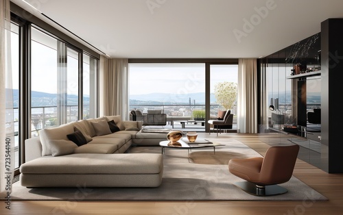 Modern living room flooded with soft  springtime light  where large windows open to a picturesque.