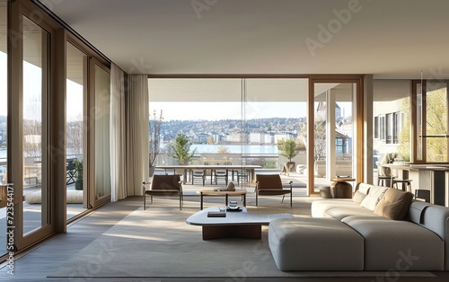 Modern living room flooded with soft  springtime light  where large windows open to a picturesque.