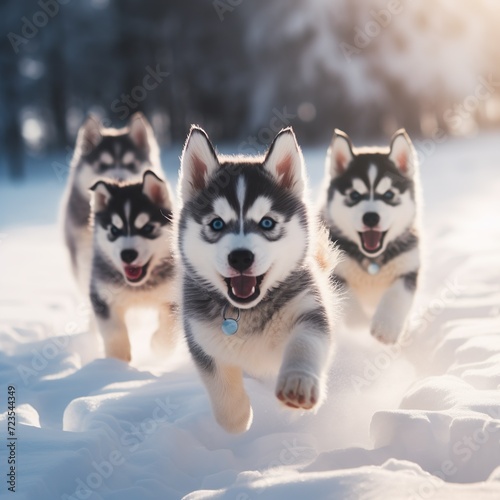 pack of husky dogs running on snow winter season