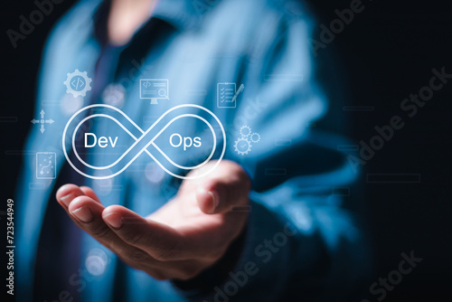 DevOps software development concept, Person hold with virtual screen of DevOps. IT operations, high software quality and software development. Agile programming development concept.