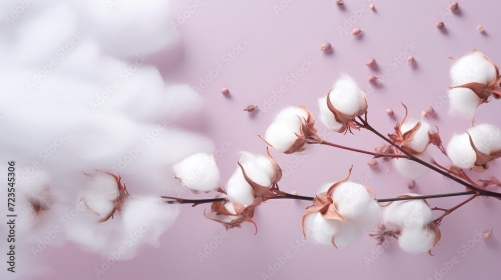 Cotton branch on pastel background wall close up, flat lay. natural dried flower floral