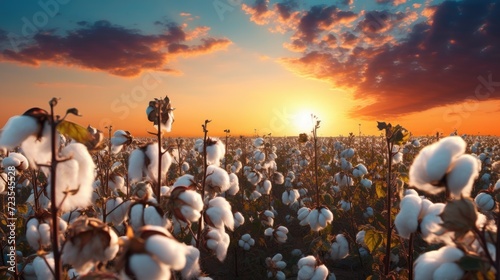 Branch of ripe cotton. cotton buds in the field. landscape. cotton plantation background farming concept