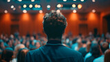 A speaker gives a presentation in a conference room during a business event. The rear view captures unidentified people in the audience. Generative AI