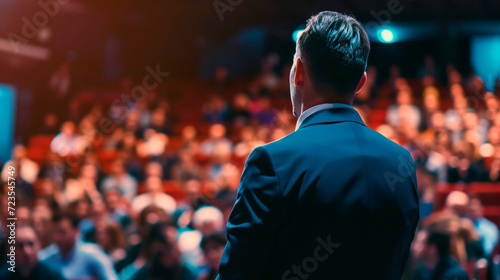 A speaker gives a presentation in a conference room during a business event. The rear view captures unidentified people in the audience. Generative AI