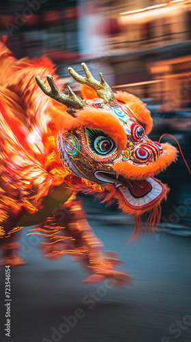 An orange chinese dragon is being moved during street dance Celebration of Chinese New Year festival