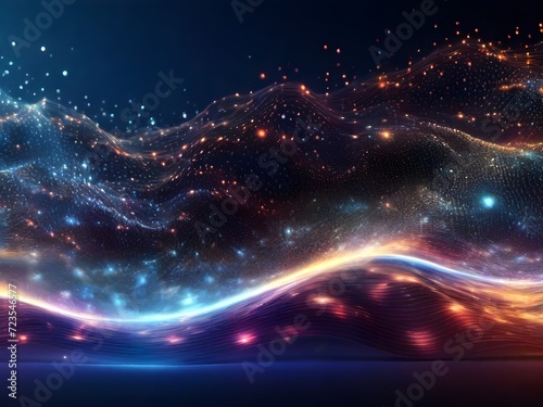 Abstract Waving Particle Technology Background Design. Abstract wave moving dots flow particles, hi-tech and big data background 