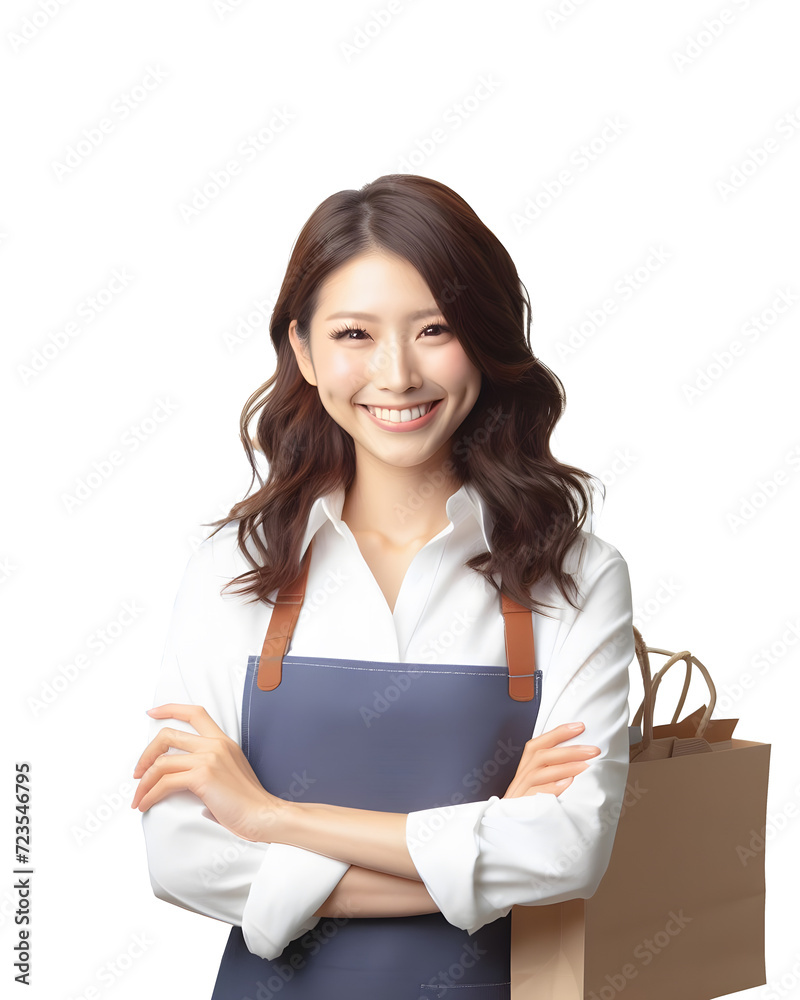 A housewife model stands with her arms crossed and holding a paper bag loving the world. With a smile and trust Transparent background isolated image, PNG A housewife model stands with her arms crossed and holding a paper bag loving the world. With a smile and trust Transparent background isolated image, PNG