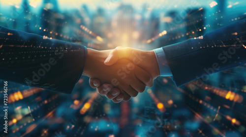 Double exposure image of business people handshake and abstract glowing big data forex candlestick chart, Teamwork concept.