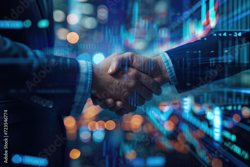 Double exposure image of business people handshake and abstract glowing big data forex candlestick chart, Teamwork concept. photo