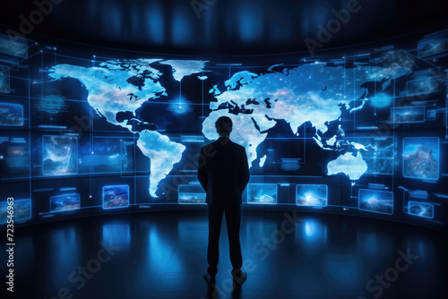 Businessman working with floating data world map visualization screen