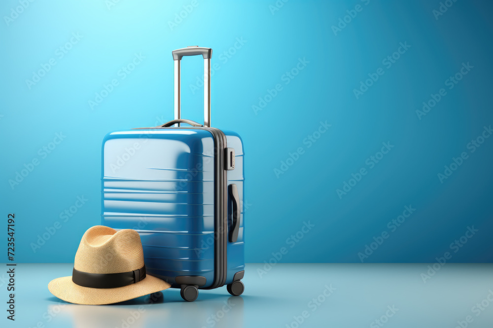 Blue suitcase with hat and on blue background, minimal style, travel concept. Blue suitcase with hat and on blue background, minimal style, travel concept.