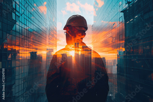 The double exposure image of engineer wearing a helmet and sunrise overlay with cityscape image, The concept of engineering photo