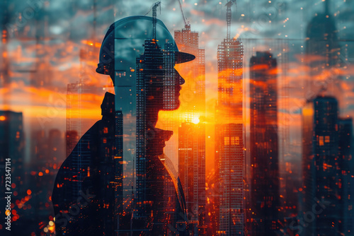 The double exposure image of engineer wearing a helmet and sunrise overlay with cityscape image, The concept of engineering photo