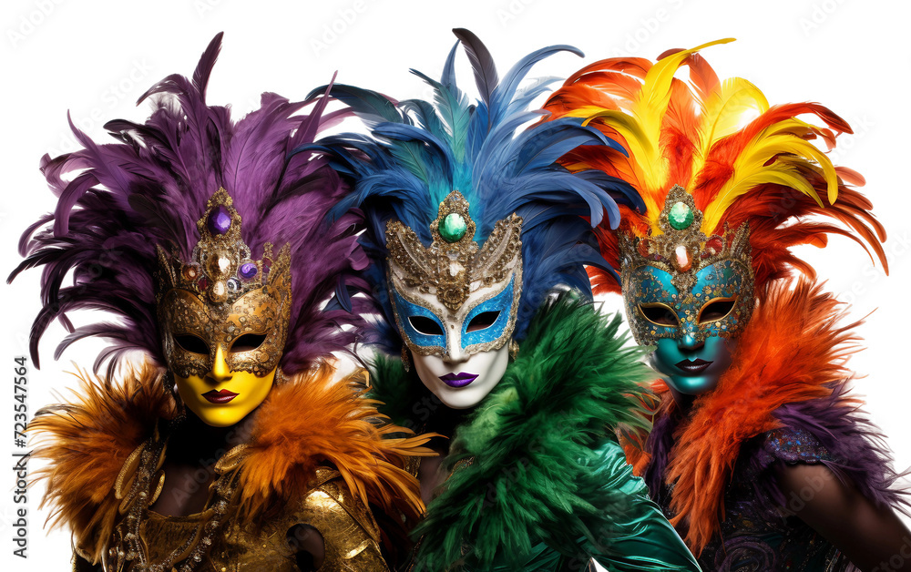 Vibrant Masks and Feathers Define Mardi Gras Revelry Isolated on Transparent Background PNG.