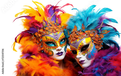 Feathered Fantasia: Mardi Gras Revelers Adorn Vibrant Masks and Feathers Isolated on Transparent Background PNG. © Jack