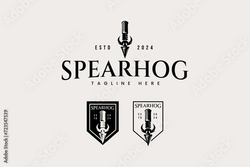 spear with wild boar snout shape symbol logo set for outdoor adventure hunt sports club brand identity