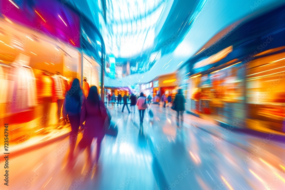 Blurred background of modern shopping mall with some shoppers. Stylish women looking at showcase, motion blur. Abstract motion blurred shoppers with shopping